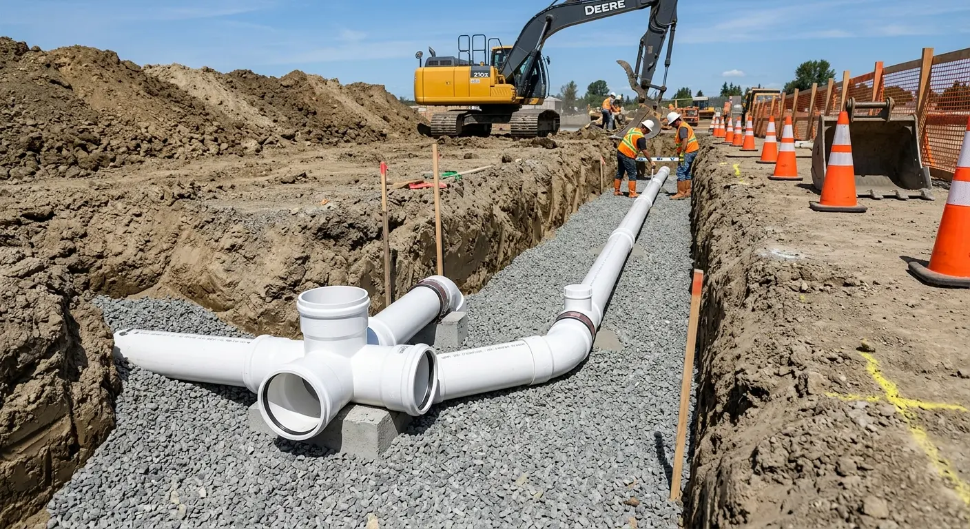 New PVC sewer pipe installation in open trench for Grease Trap Cleaning in Mulvane