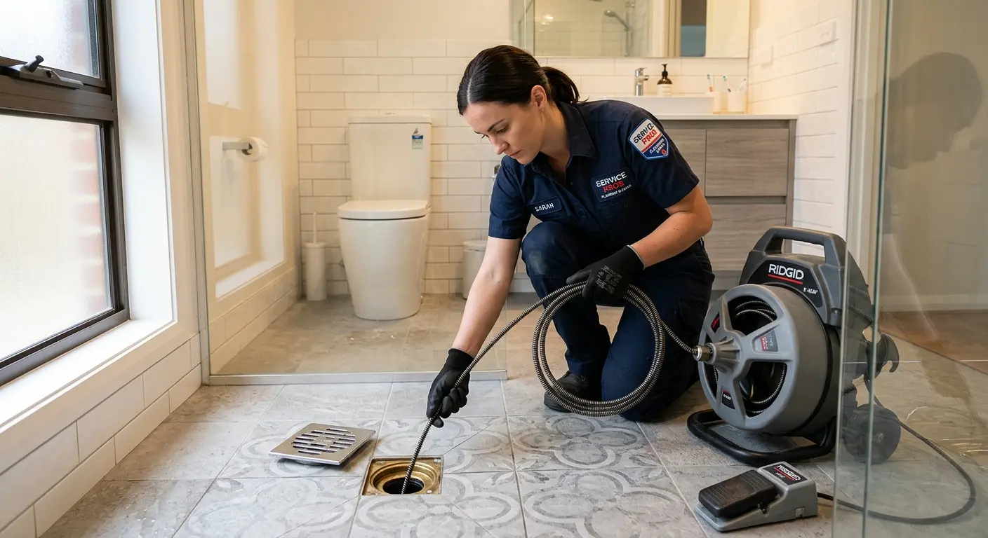 Technician clearing a bathroom floor drain for Clogged Drain Repair in Mulvane